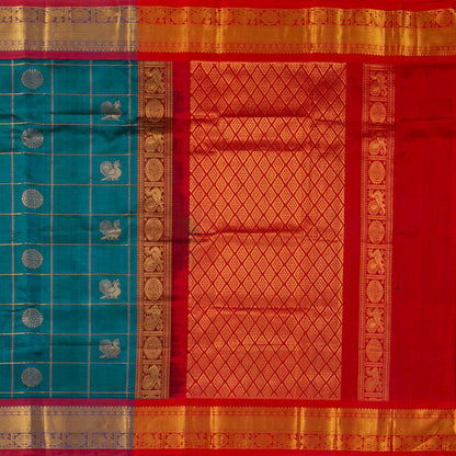 Blue And Red Kanchi Silk Cotton Saree With Zari Checks For Festive Wear VP SC 135