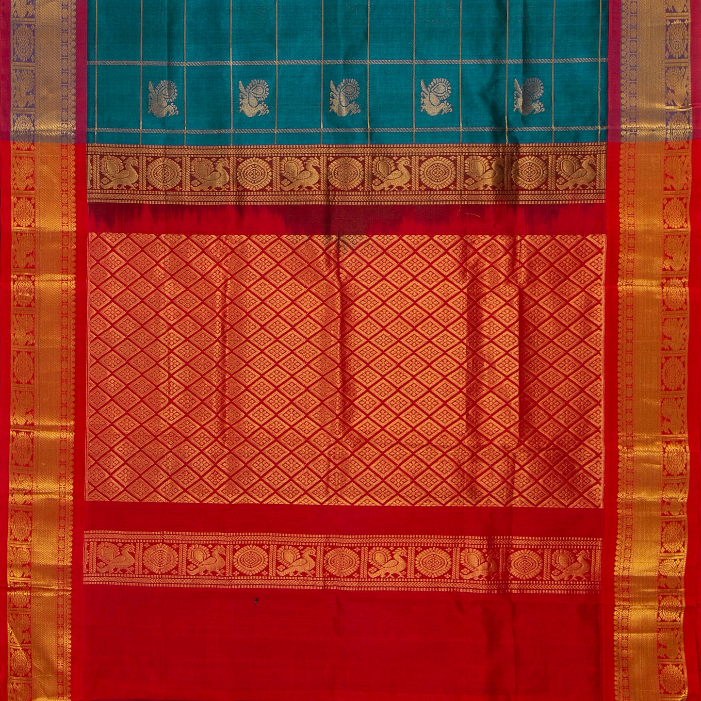 Blue And Red Kanchi Silk Cotton Saree With Zari Checks For Festive Wear VP SC 135