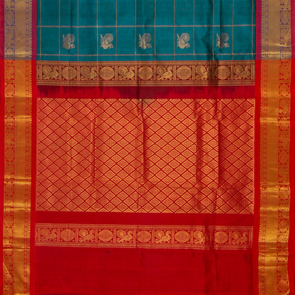 Blue And Red Kanchi Silk Cotton Saree With Zari Checks For Festive Wear VP SC 135