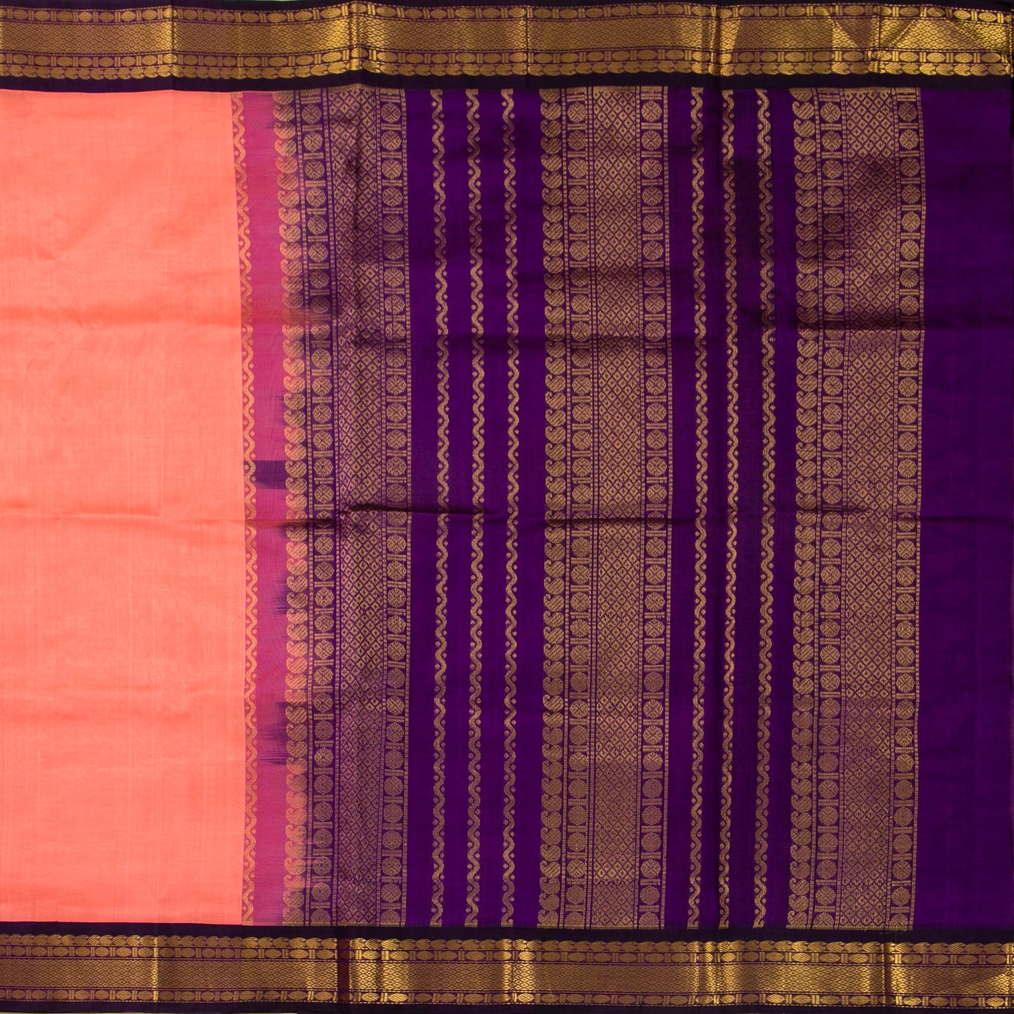 Peach And Purple Kanchi Silk Cotton Saree For Festive Wear VP SC 147
