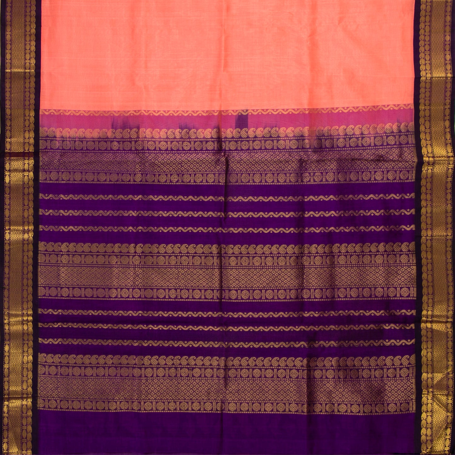 Peach And Purple Kanchi Silk Cotton Saree For Festive Wear VP SC 147