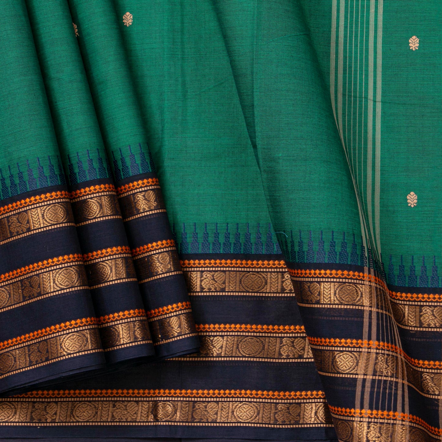 Teal And Black Kanchi Cotton Saree For Festive Wear PV MM KC 905 - Cotton Saree - Panjavarnam PV MM KC 905
