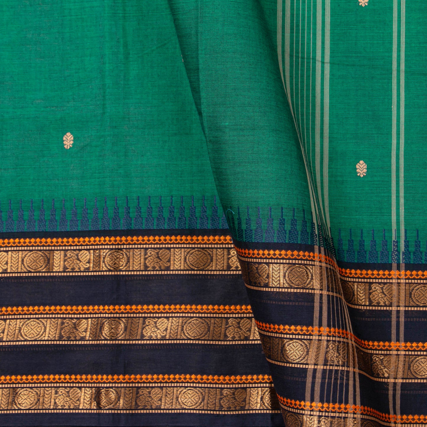 Teal And Black Kanchi Cotton Saree For Festive Wear PV MM KC 905 - Cotton Saree - Panjavarnam PV MM KC 905