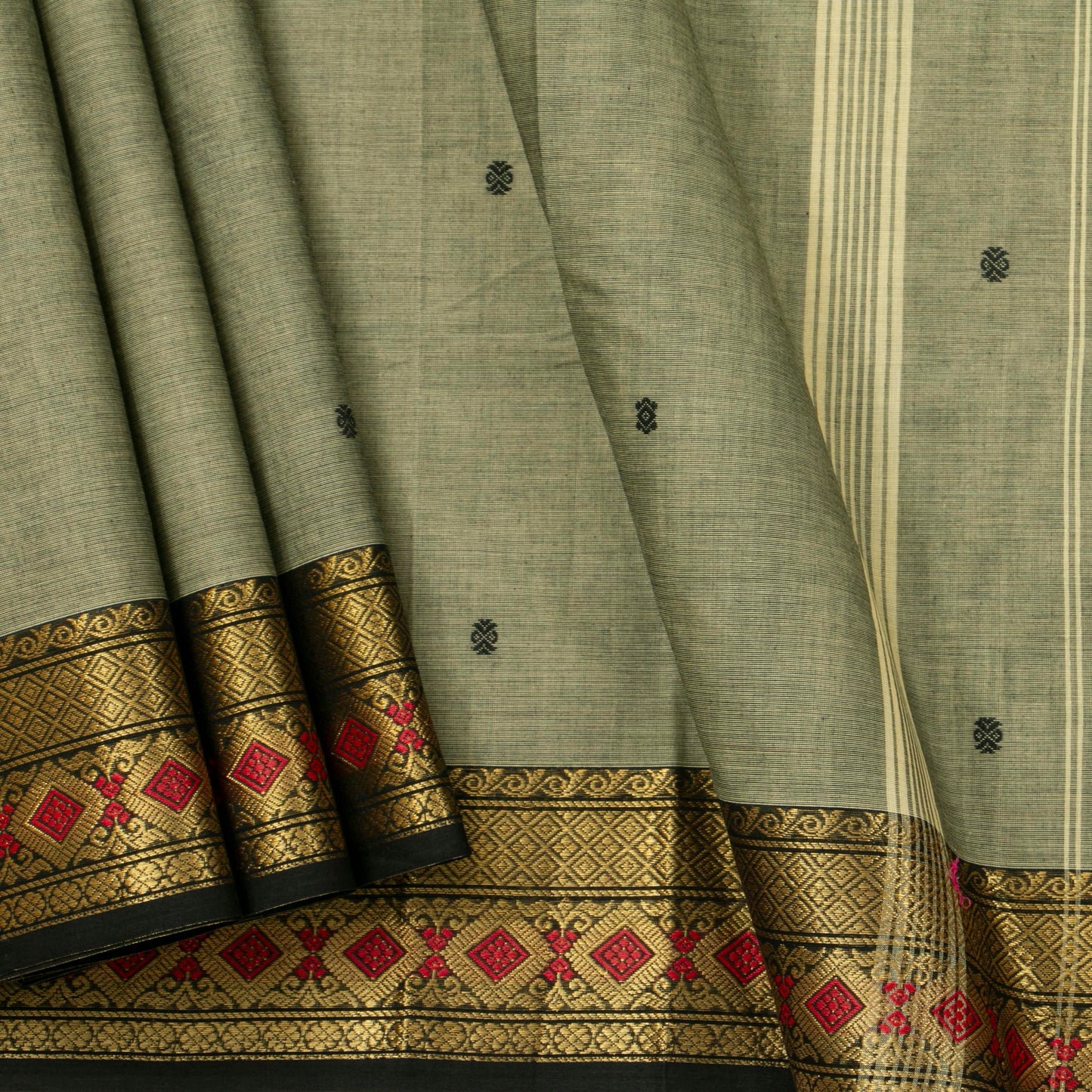 Elachi Green And Black Kanchi Cotton Saree For Festive Wear PV MM KC 904 - Cotton Saree - Panjavarnam PV MM KC 904