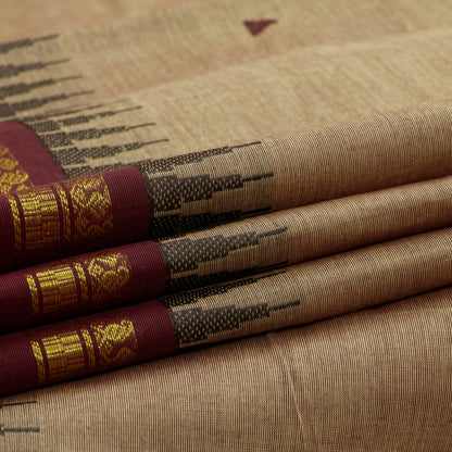 Beige And Maroon Kanchi Cotton Saree For Festive Wear PV MM KC 910 - Cotton Saree - Panjavarnam PV MM KC 910