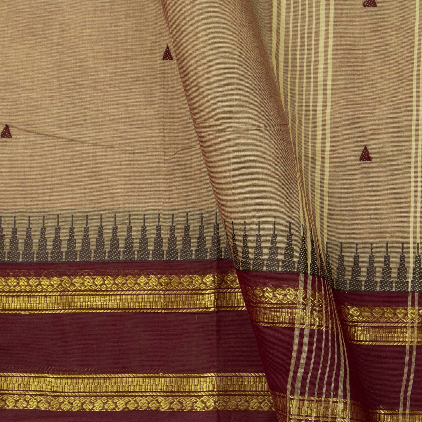 Beige And Maroon Kanchi Cotton Saree For Festive Wear PV MM KC 910 - Cotton Saree - Panjavarnam PV MM KC 910