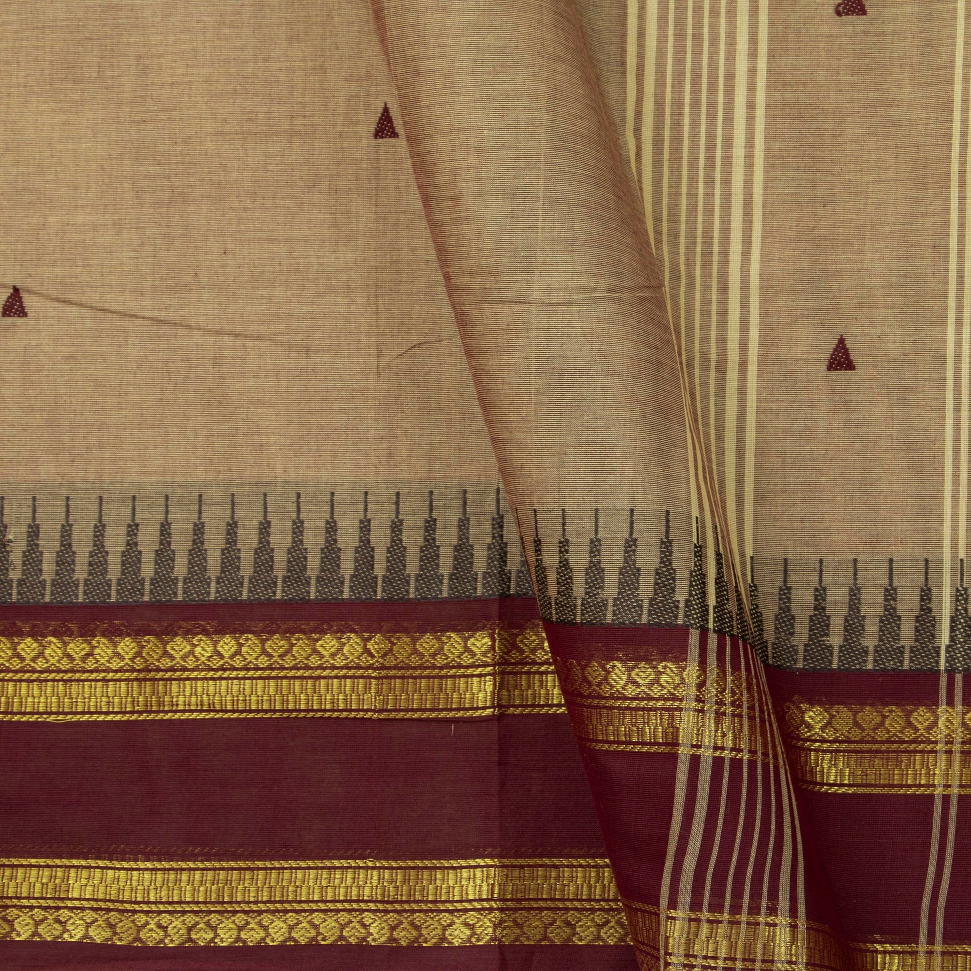 Beige And Maroon Kanchi Cotton Saree For Festive Wear PV MM KC 910 - Cotton Saree - Panjavarnam PV MM KC 910