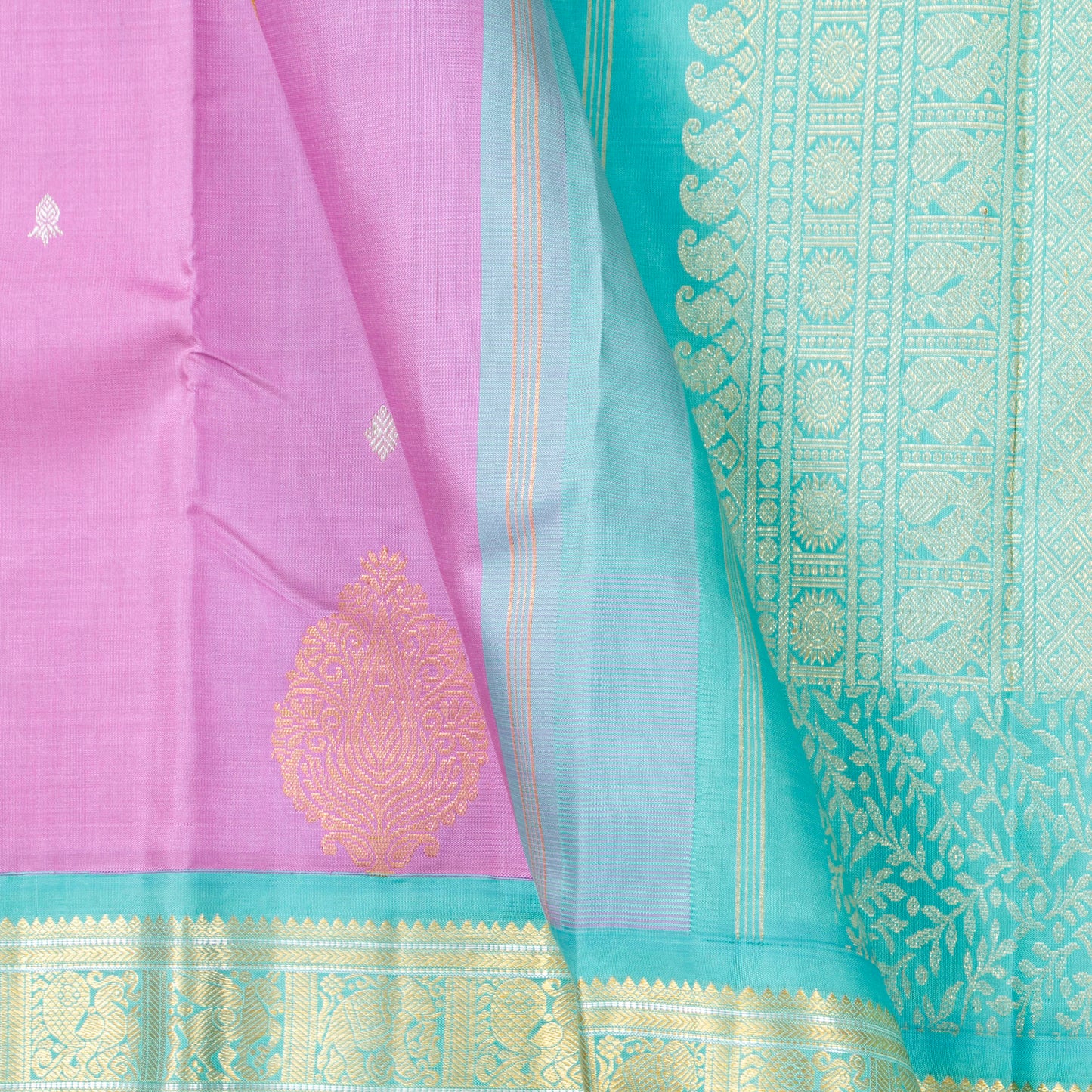 Lavender And Turquoise Blue Kanchipuram Silk Saree For Wedding Wear PV NYC 1548