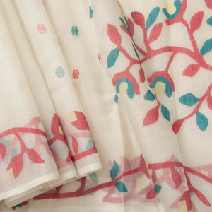 Off White Muslin Noksha Dhakai Jamdani Silk Saree For Office Wear PV MJ 134