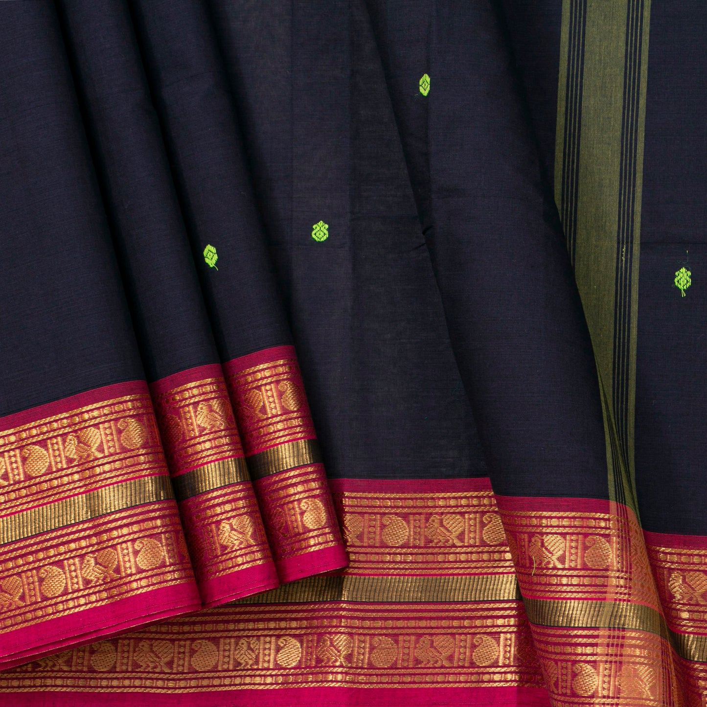 Navy Blue And Pink Kanchi Cotton Saree For Festive Wear PV MM KC 913 - Cotton Saree - Panjavarnam PV MM KC 913