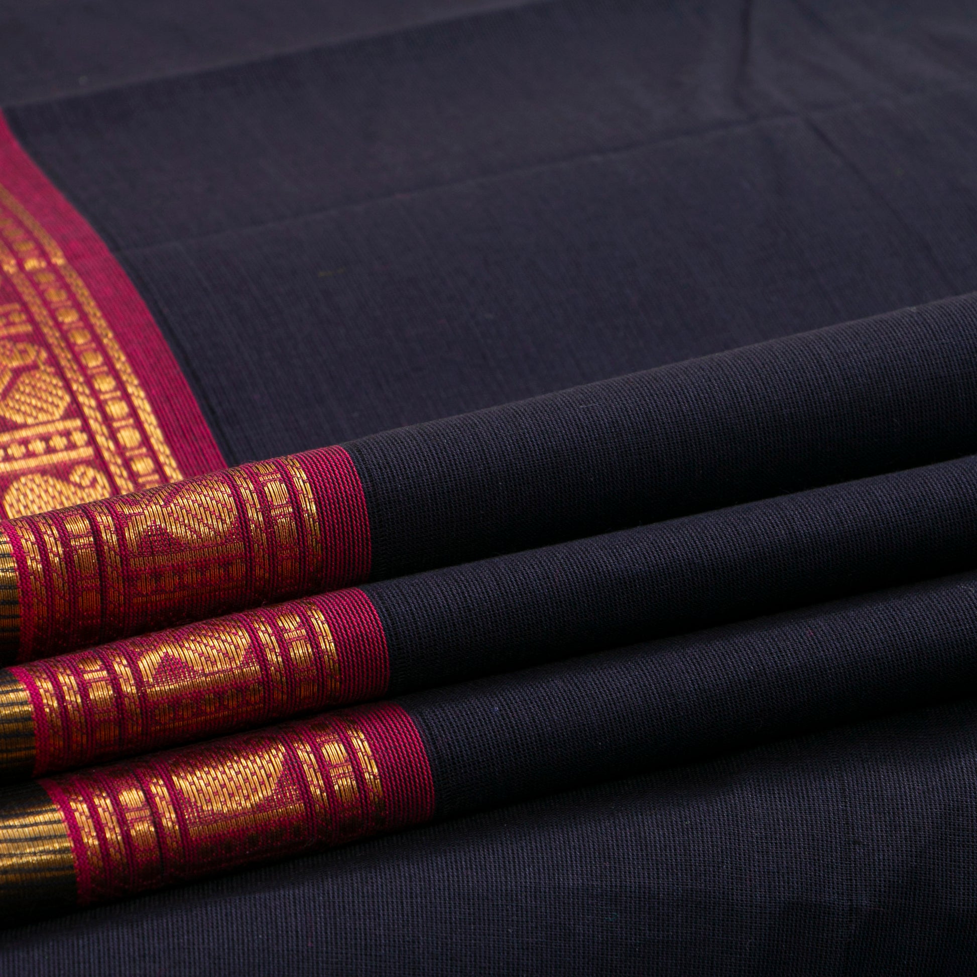 Navy Blue And Pink Kanchi Cotton Saree For Festive Wear PV MM KC 913 - Cotton Saree - Panjavarnam PV MM KC 913