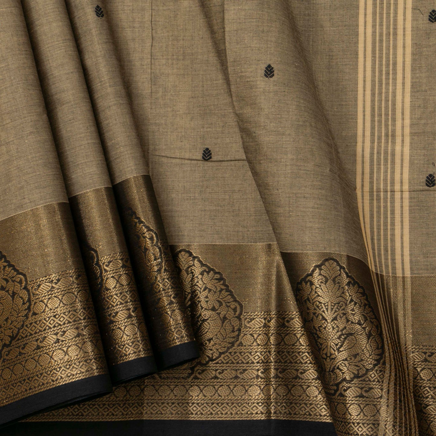 Fawn And Black Kanchi Cotton Saree For Festive Wear PV MM KC 889