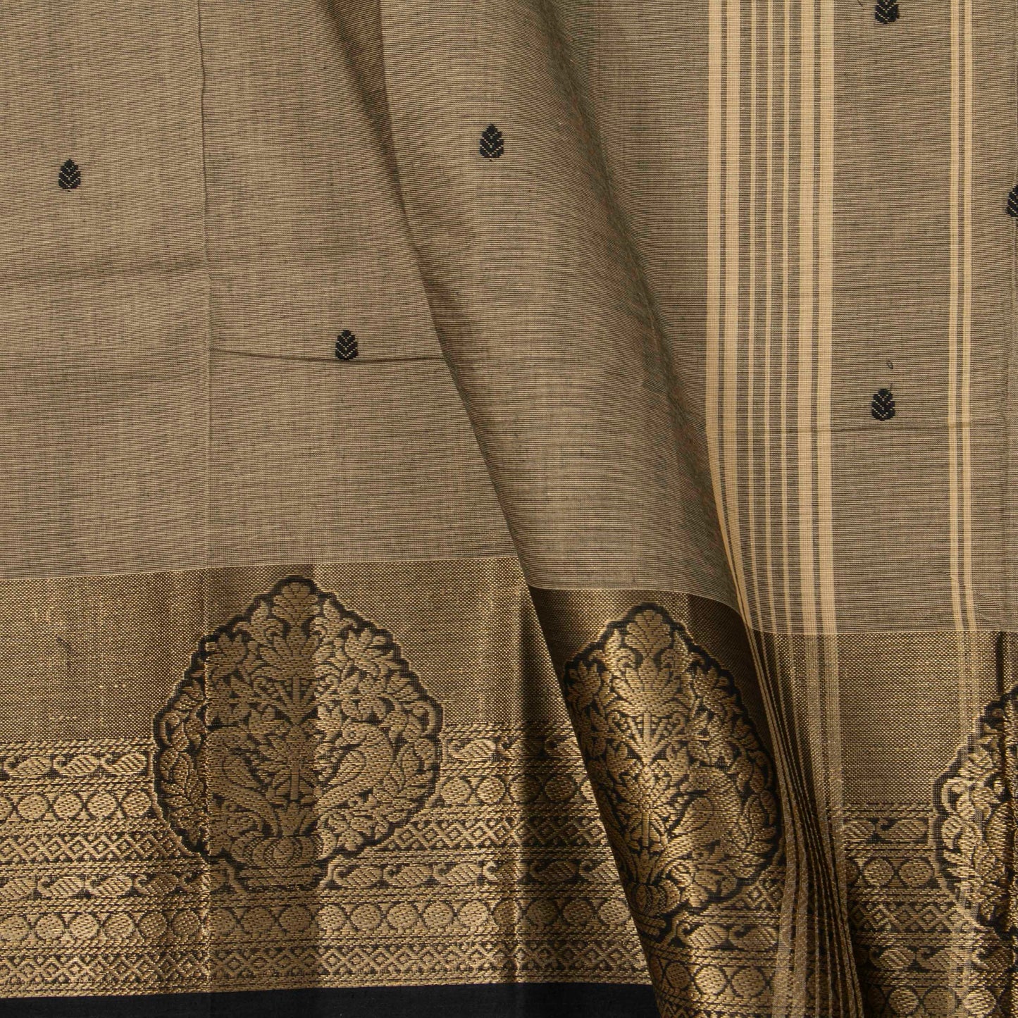 Fawn And Black Kanchi Cotton Saree For Festive Wear PV MM KC 889