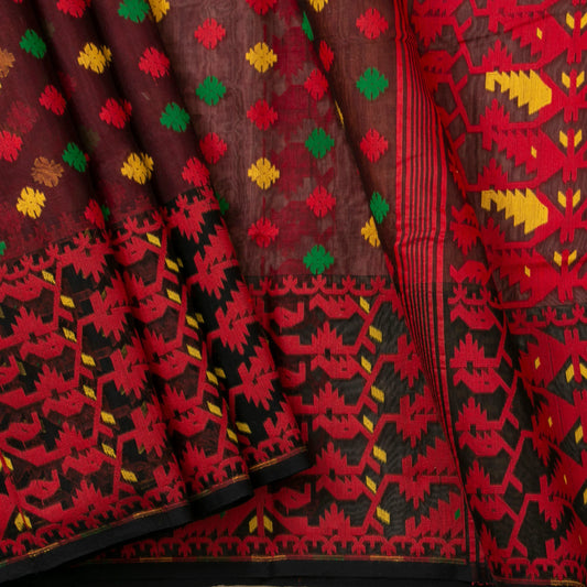 Red And Brown Dhakai Jamdani Mulmul Silk Saree For Party Wear PV MJ 101