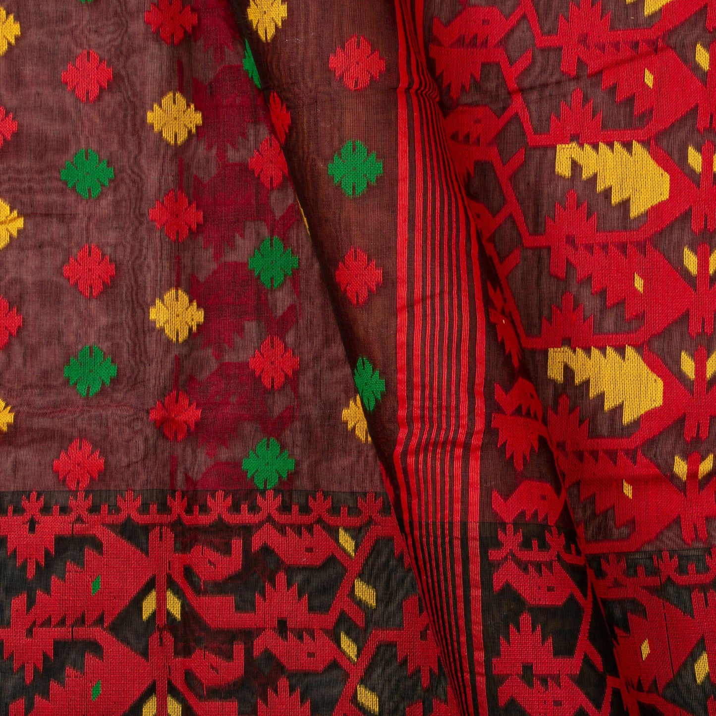 Red And Brown Dhakai Jamdani Mulmul Silk Saree For Party Wear PV MJ 101
