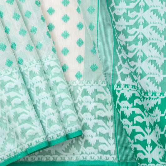 Off White And Sea Green Dhakai Jamdani Mulmul Silk Saree PV MJ 104