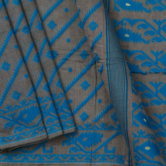 Grey And Blue Dhakai Jamdani Mulmul Silk Saree For Office Wear PV MJ 102