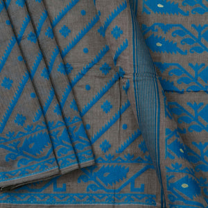 Grey And Blue Dhakai Jamdani Mulmul Silk Saree For Office Wear PV MJ 102
