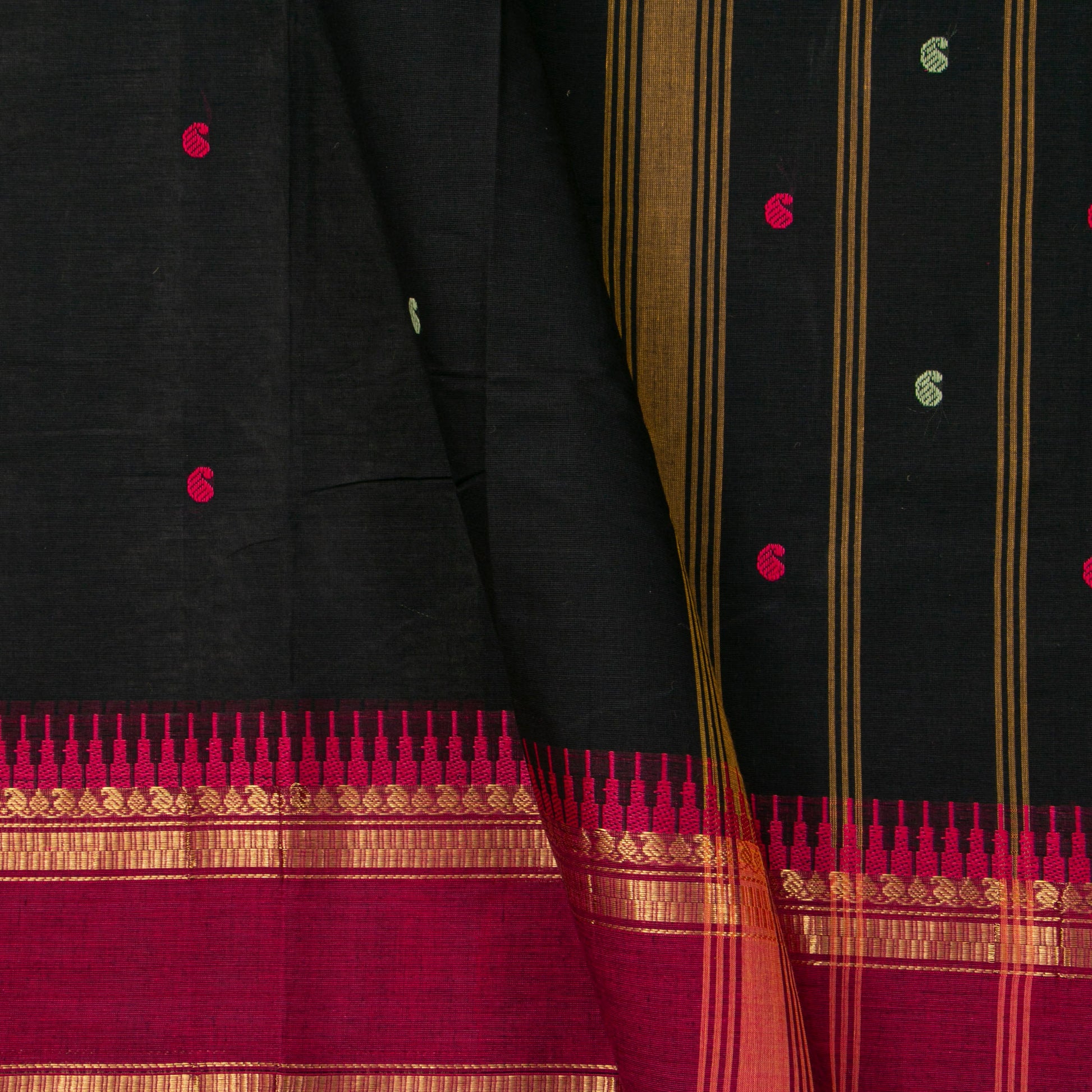 Black And Pink Kanchi Cotton Saree For Festive Wear PV MM KC 888 - Cotton Saree - Panjavarnam PV MM KC 888