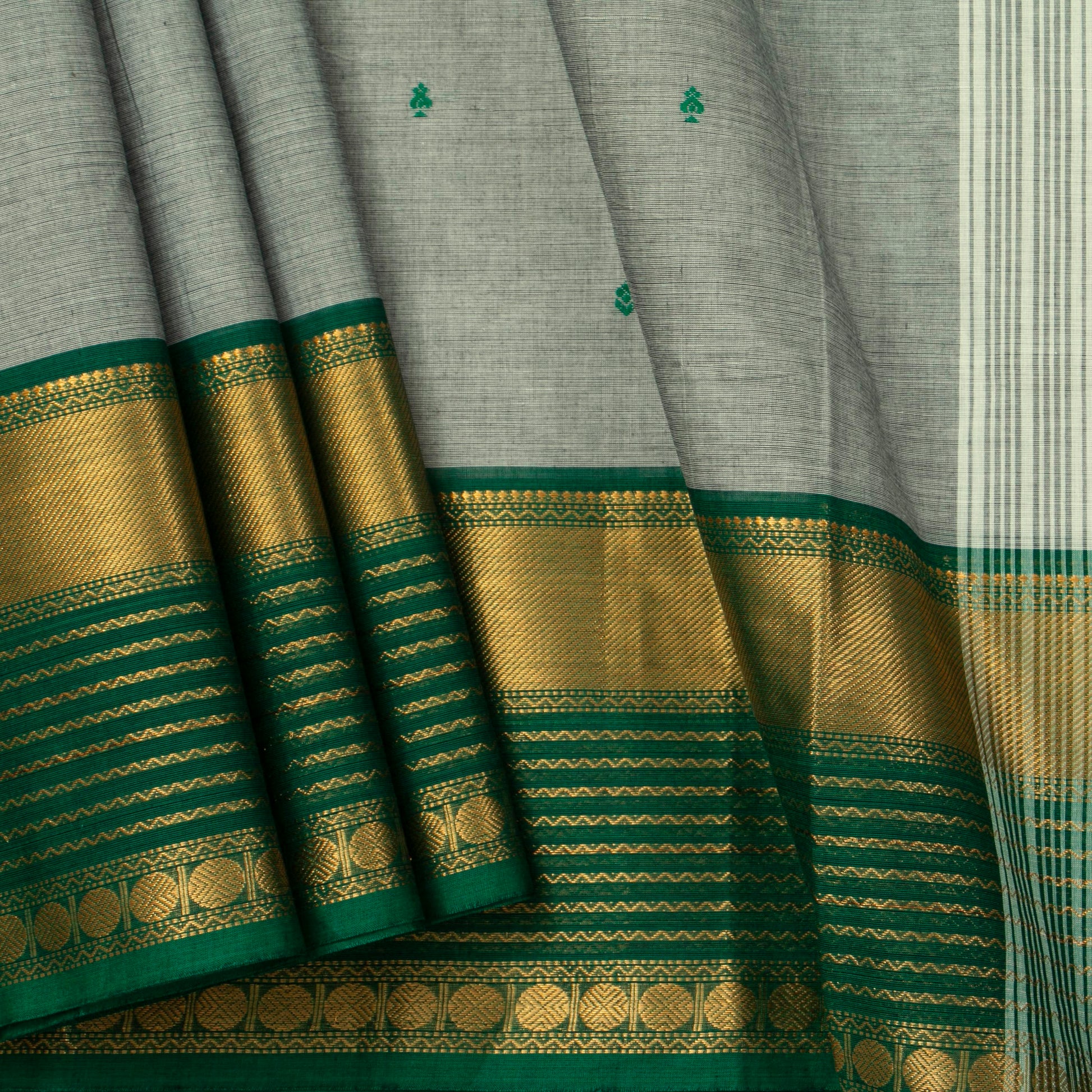 Grey And Green Kanchi Cotton Saree For Festive Wear PV MM KC 879 - Cotton Saree - Panjavarnam PV MM KC 879
