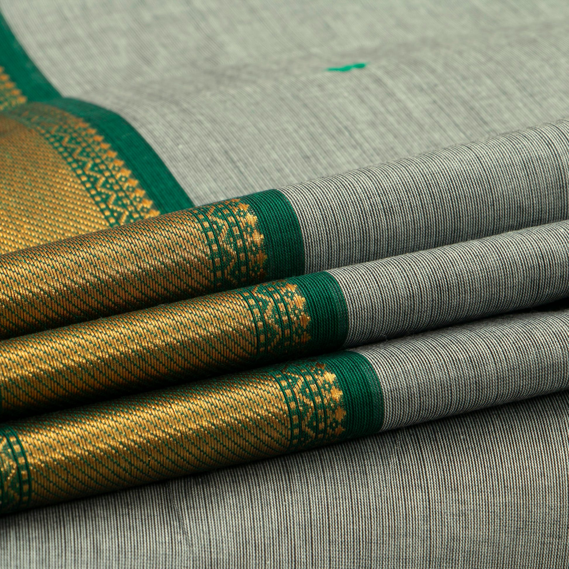 Grey And Green Kanchi Cotton Saree For Festive Wear PV MM KC 879 - Cotton Saree - Panjavarnam PV MM KC 879