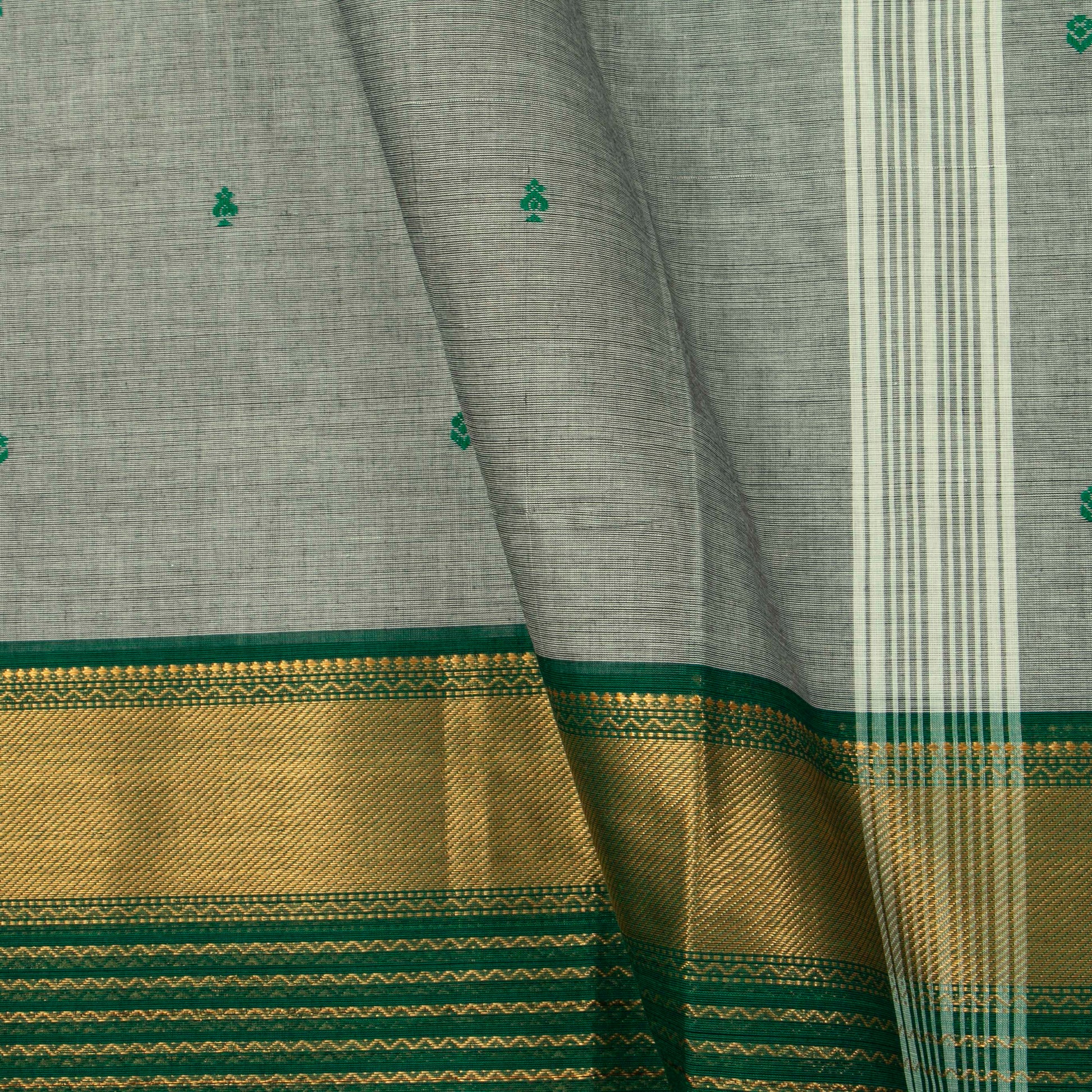 Grey And Green Kanchi Cotton Saree For Festive Wear PV MM KC 879 - Cotton Saree - Panjavarnam PV MM KC 879