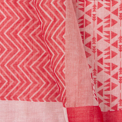 Red And Off White Dhakai Jamdhani Mulmul Silk Saree With Chevron Design For Office Wear PV MJ 114