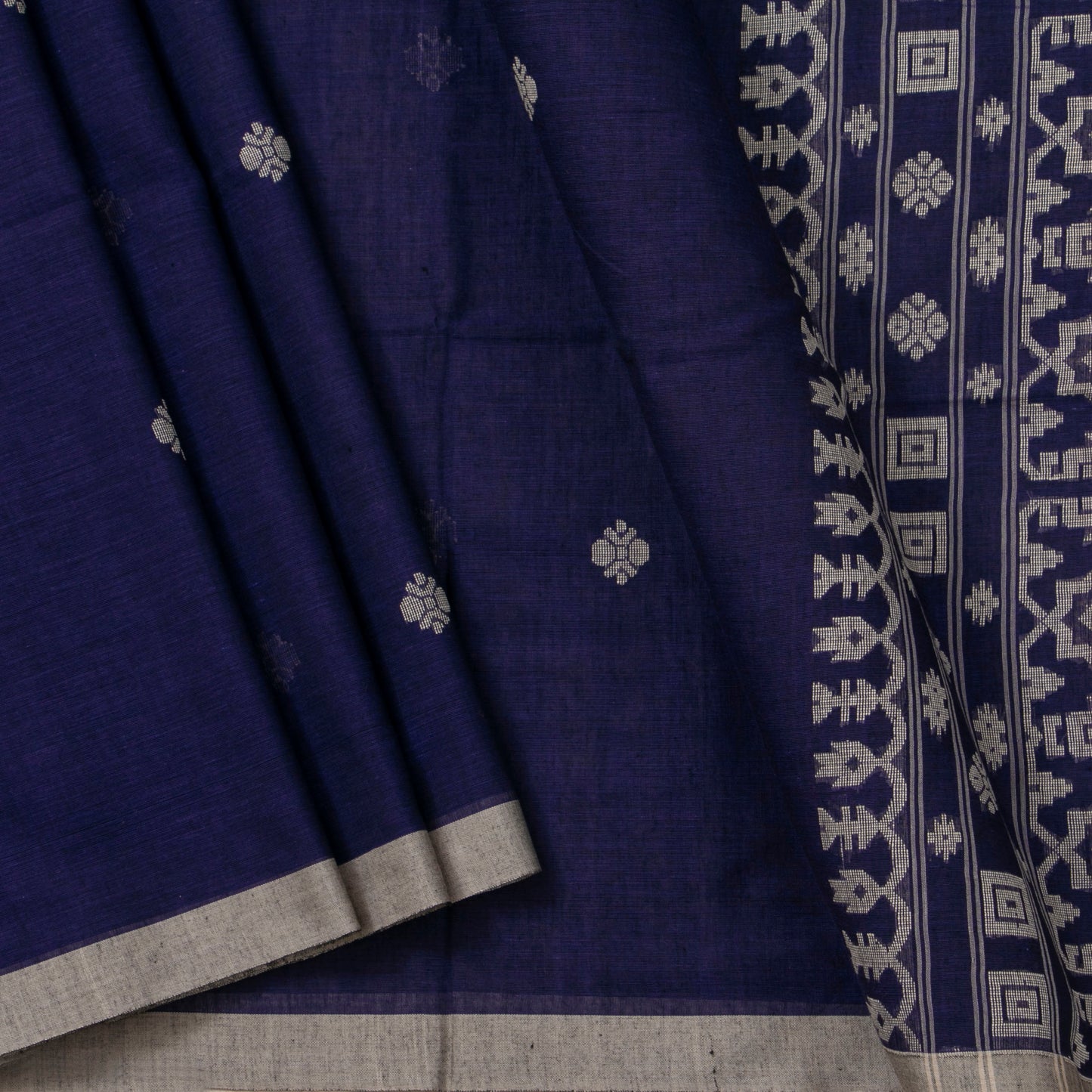 Dark Blue Dhakai Jamdhani Mulmul Silk Saree For Office Wear PV MJ 113