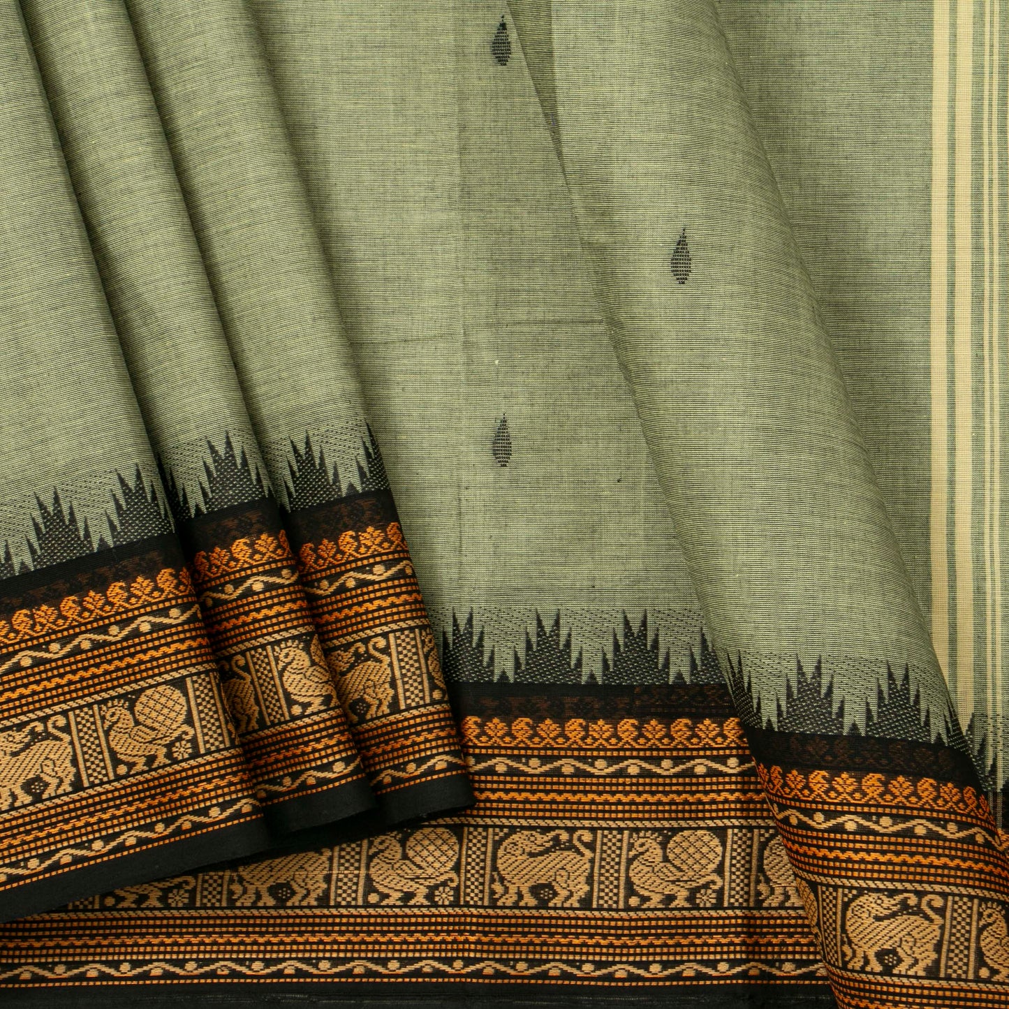 Elachi Green And Black Kanchi Cotton Saree For Festive Wear PV MM KC 917