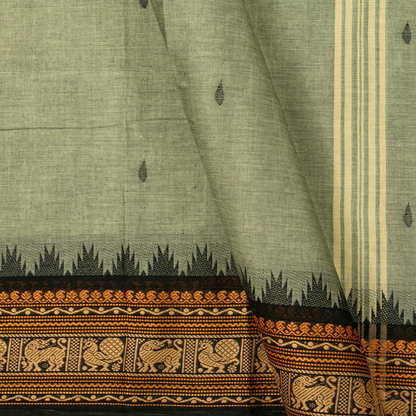 Elachi Green And Black Kanchi Cotton Saree For Festive Wear PV MM KC 917