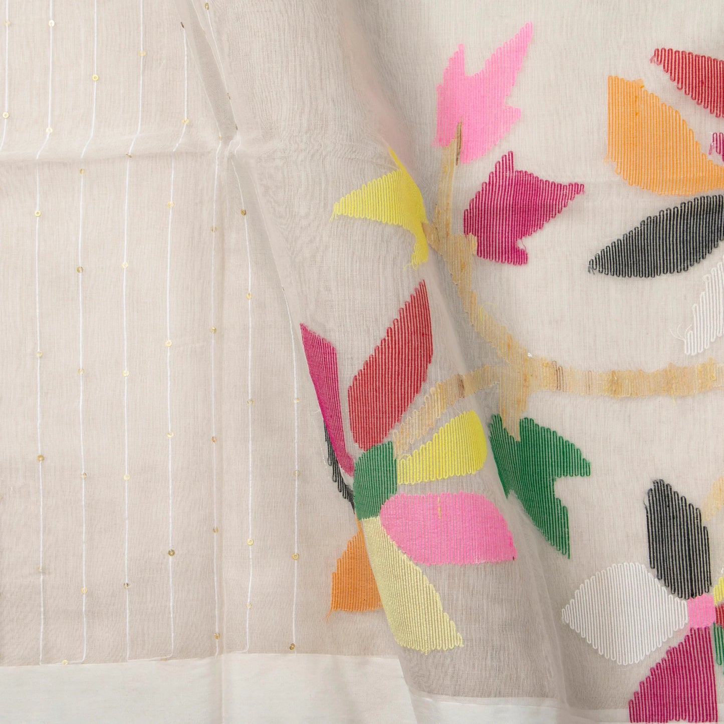 Off White Tissue Sequins Dhakai Jamdani Mulmul Silk Saree For Party Wear PV MJ 130