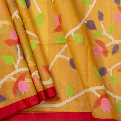 Yellow Ochre And Red Tissue Sequins Dhakai Jamdani Mulmul Silk Saree For Party Wear PV MJ 129