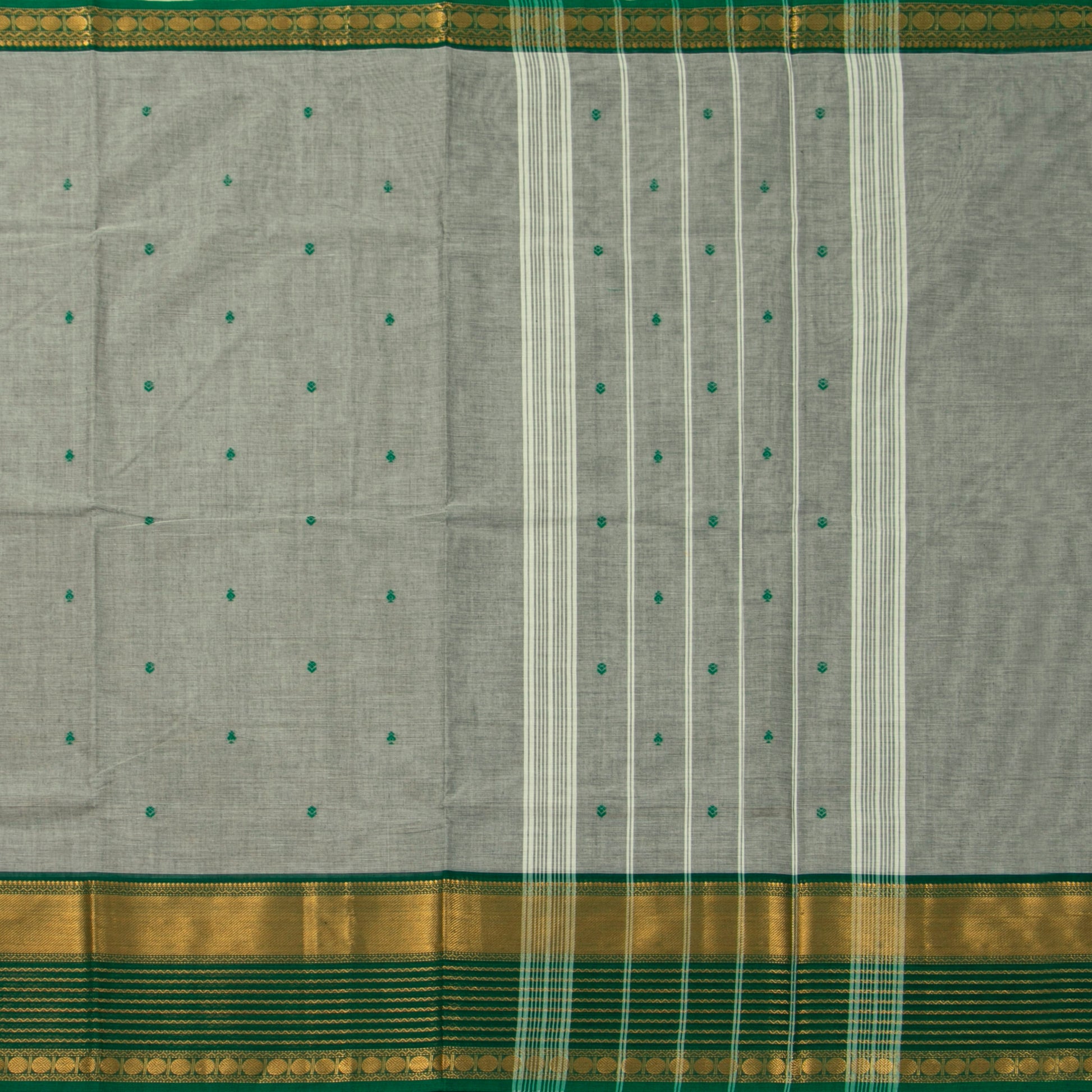 Grey And Green Kanchi Cotton Saree For Festive Wear PV MM KC 879 - Cotton Saree - Panjavarnam PV MM KC 879