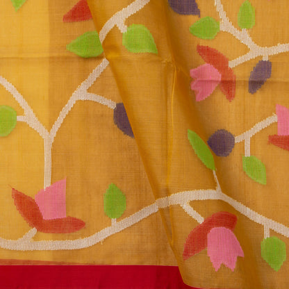 Yellow Ochre And Red Tissue Sequins Dhakai Jamdani Mulmul Silk Saree For Party Wear PV MJ 129