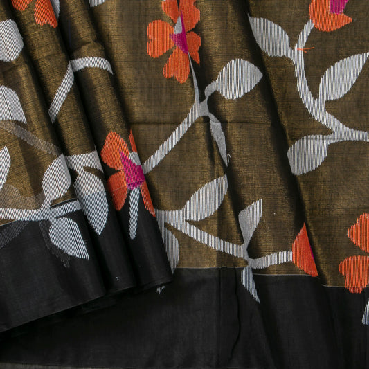 Brown And Black Tissue Sequin Dhakai Jamdhani Mulmul Silk Saree For Party Wear PV MJ 122