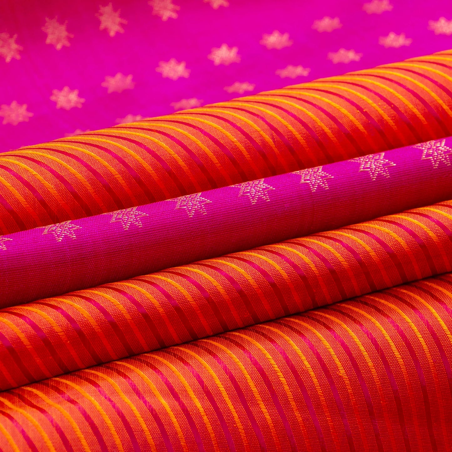 Pink Orange And Mustard Borderless Kanchipuram Silk Saree For Festive Wear PV GTA 106