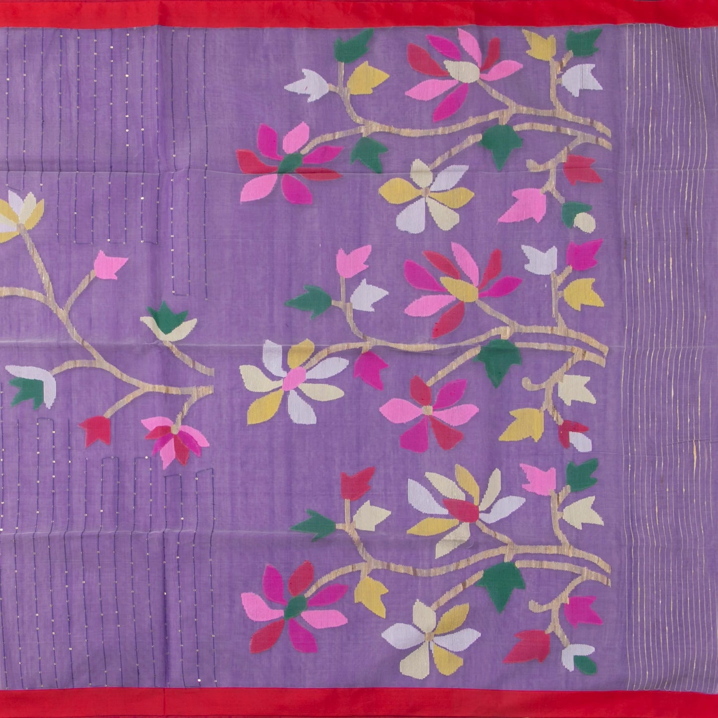 Lilac And Red Dhakai Jamdhani Mulmul Silk Saree For Office Wear PV MJ 121
