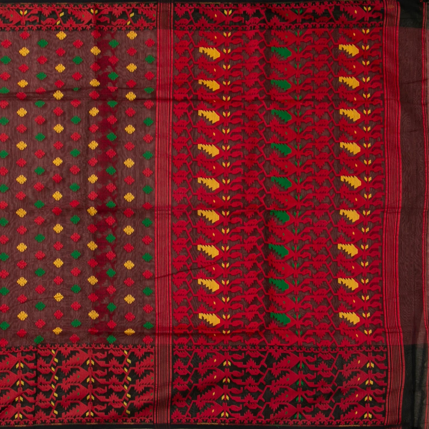 Red And Brown Dhakai Jamdani Mulmul Silk Saree For Party Wear PV MJ 101