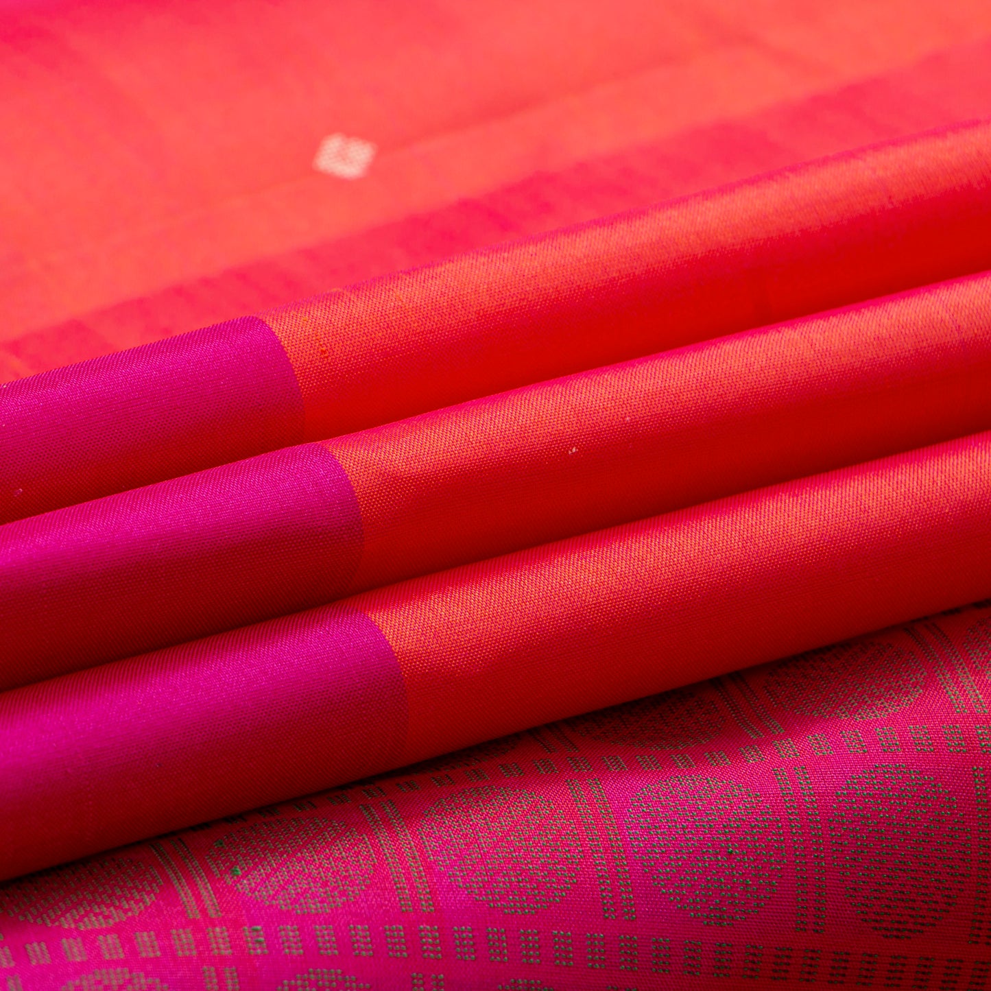 Orange And Pink Kanchipuram Silk Saree Ganga Jamuna Border For Festive Wear PV KNN 300