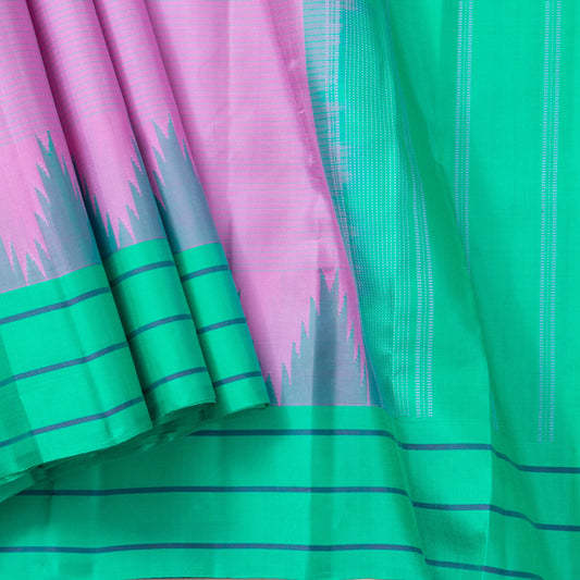 Lotus Pink And Turquoise Green Kanchipuram Silk Saree WIthout Zari For Office Wear PV KNN 312