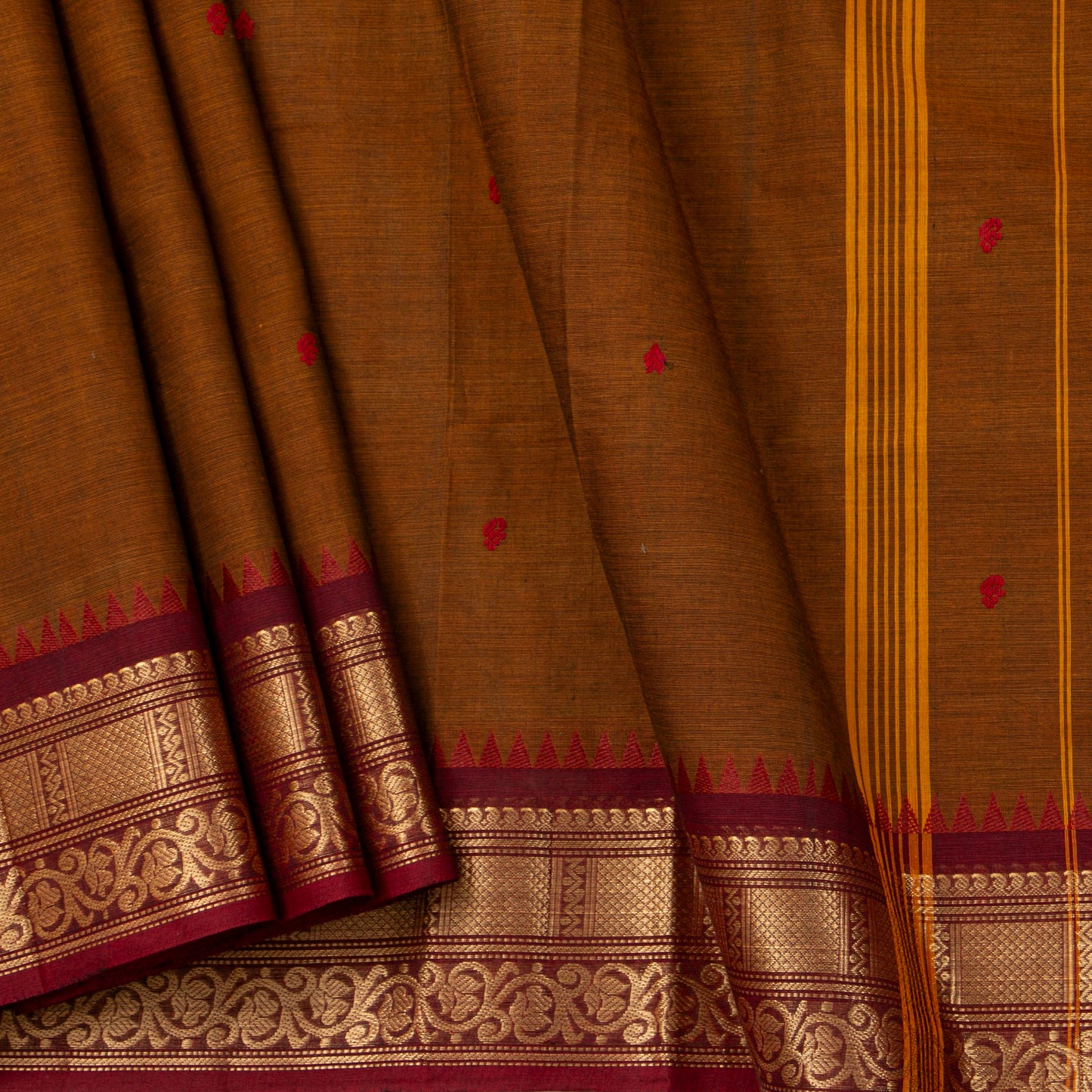 Mustard And Maroon  Kanchi Cotton Saree For Festive Wear PV MM KC 763