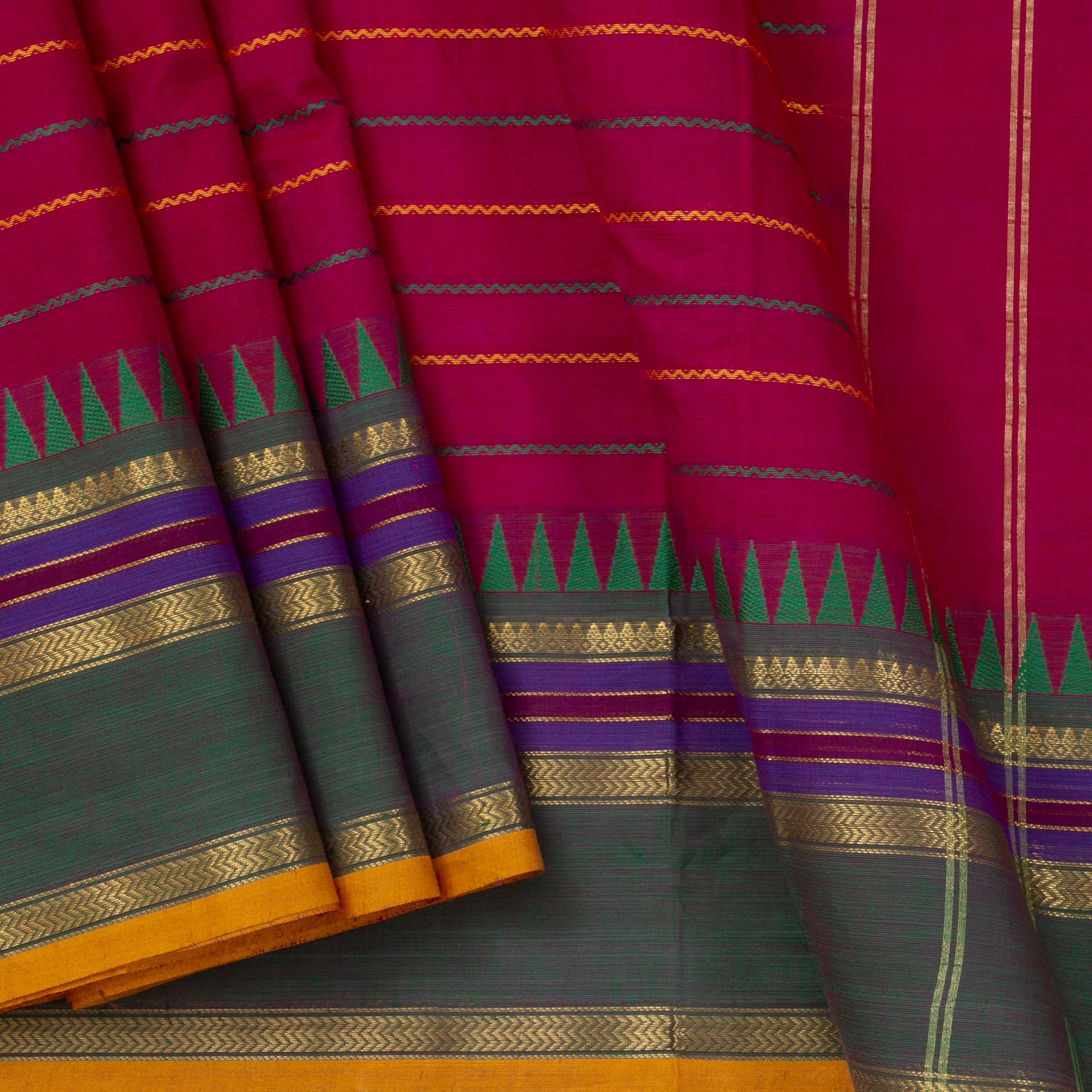 Pink, Green And Mustard Kanchi Cotton Saree With Ganga Jamuna Border And Veldhari Stripes PV MM KC 624