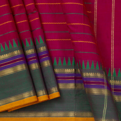 Pink, Green And Mustard Kanchi Cotton Saree With Ganga Jamuna Border And Veldhari Stripes PV MM KC 624