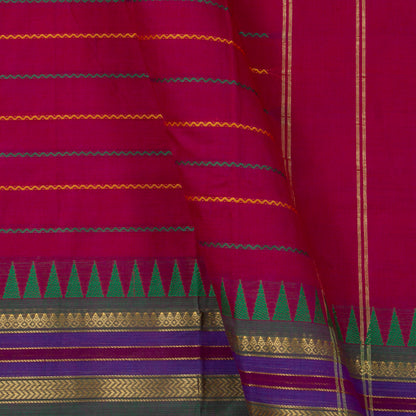Pink, Green And Mustard Kanchi Cotton Saree With Ganga Jamuna Border And Veldhari Stripes PV MM KC 624