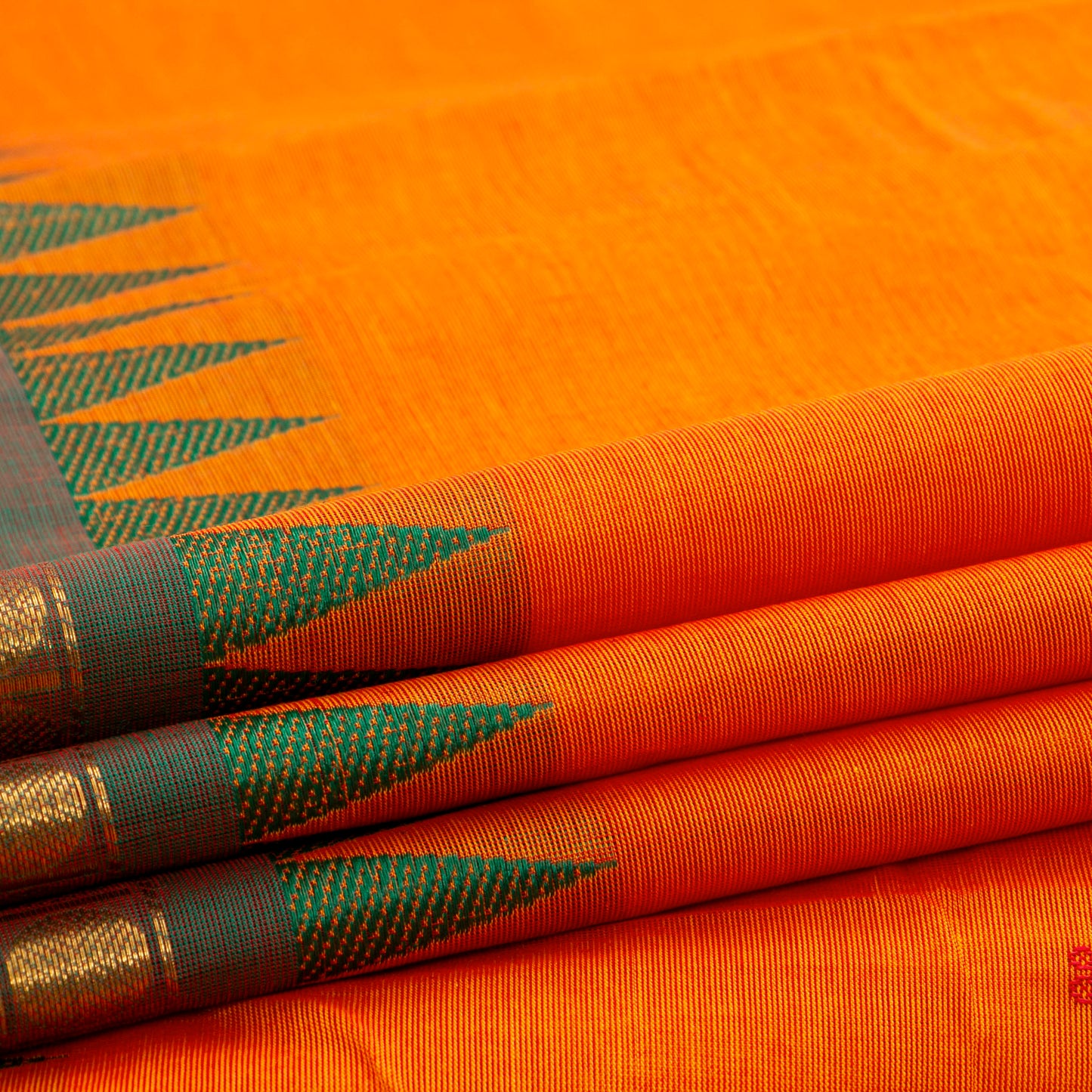 Orange And Green Kanchi Cotton Saree Ganga Jamuna Border For Festive Wear PV MM KC 776