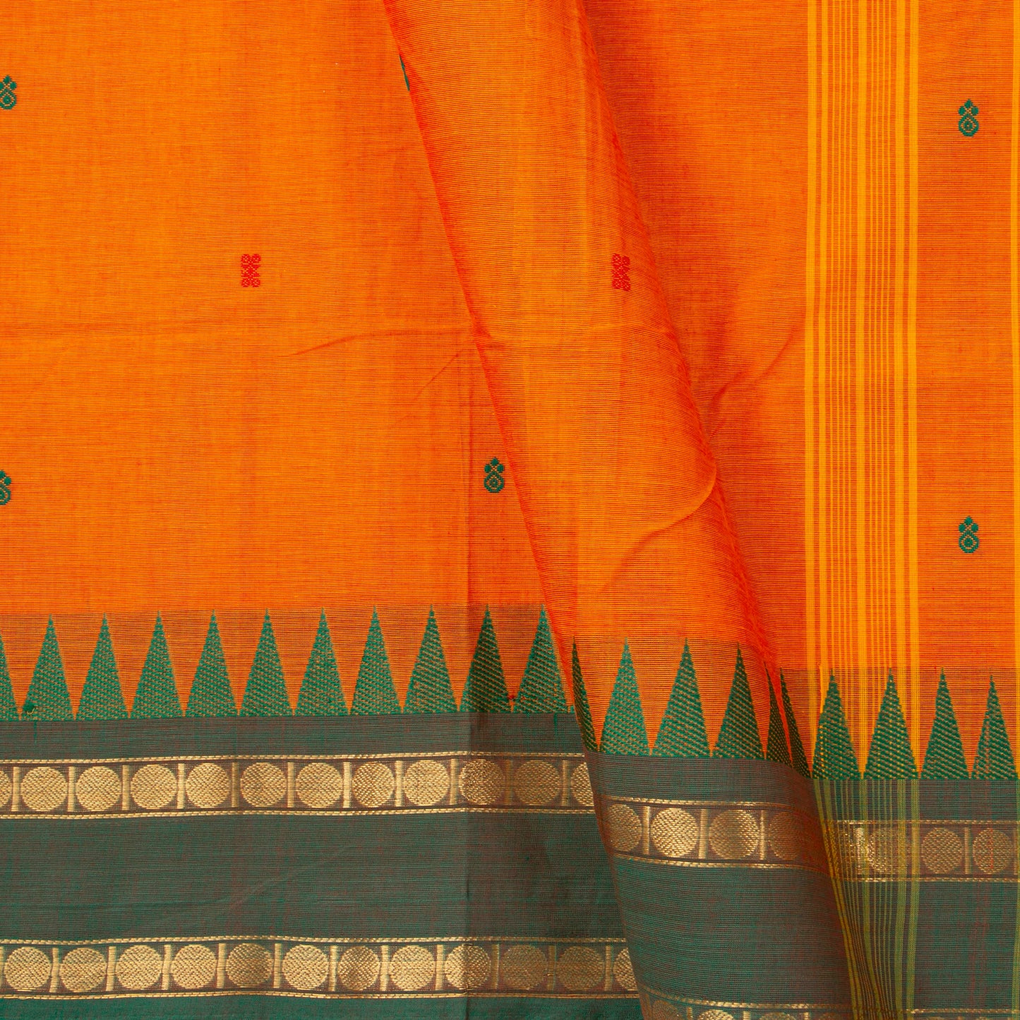 Orange And Green Kanchi Cotton Saree Ganga Jamuna Border For Festive Wear PV MM KC 776