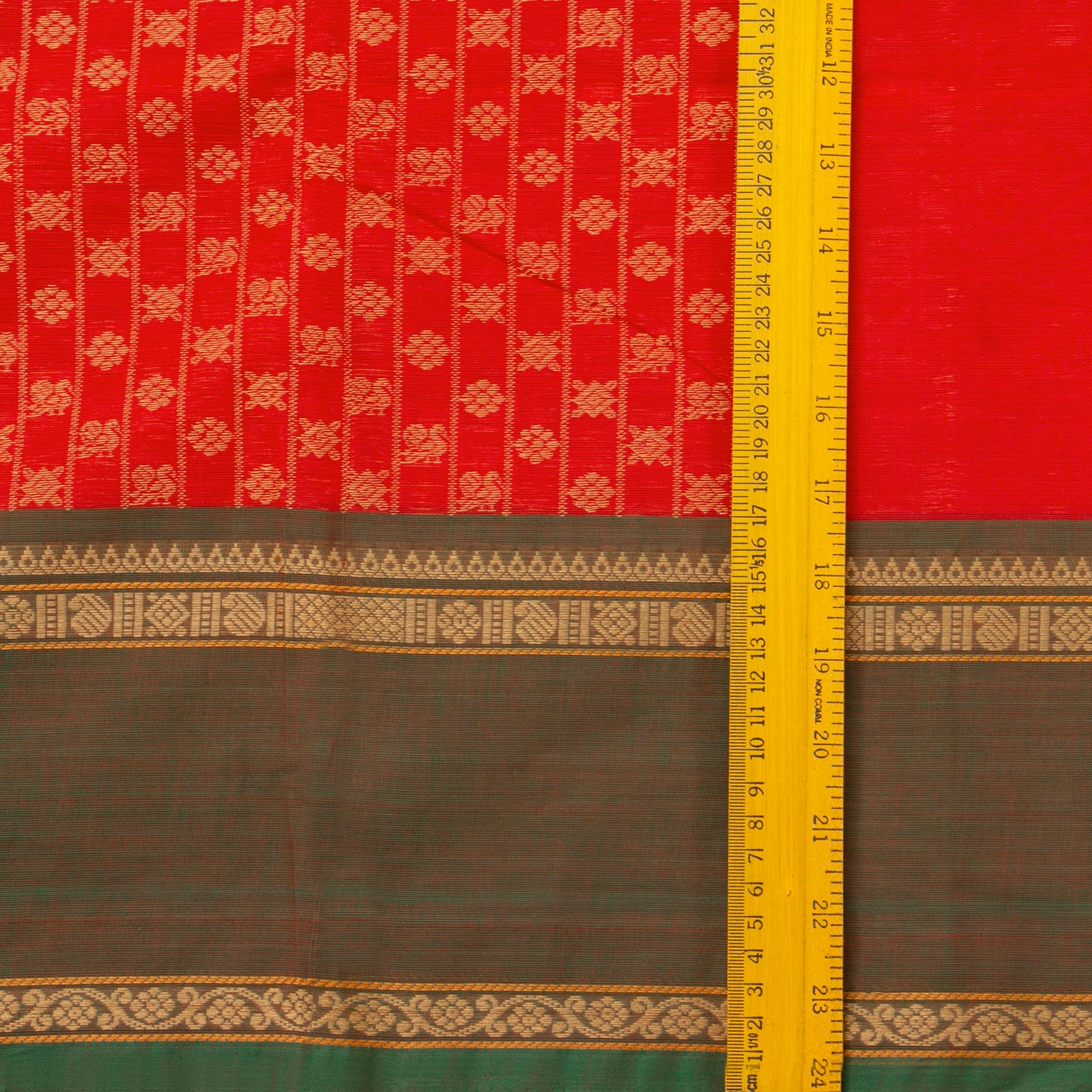Red And Green Kanchi Cotton Saree With Zari Border For Office Wear PV MM KC 660