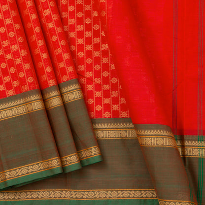 Red And Green Kanchi Cotton Saree With Zari Border For Office Wear PV MM KC 660