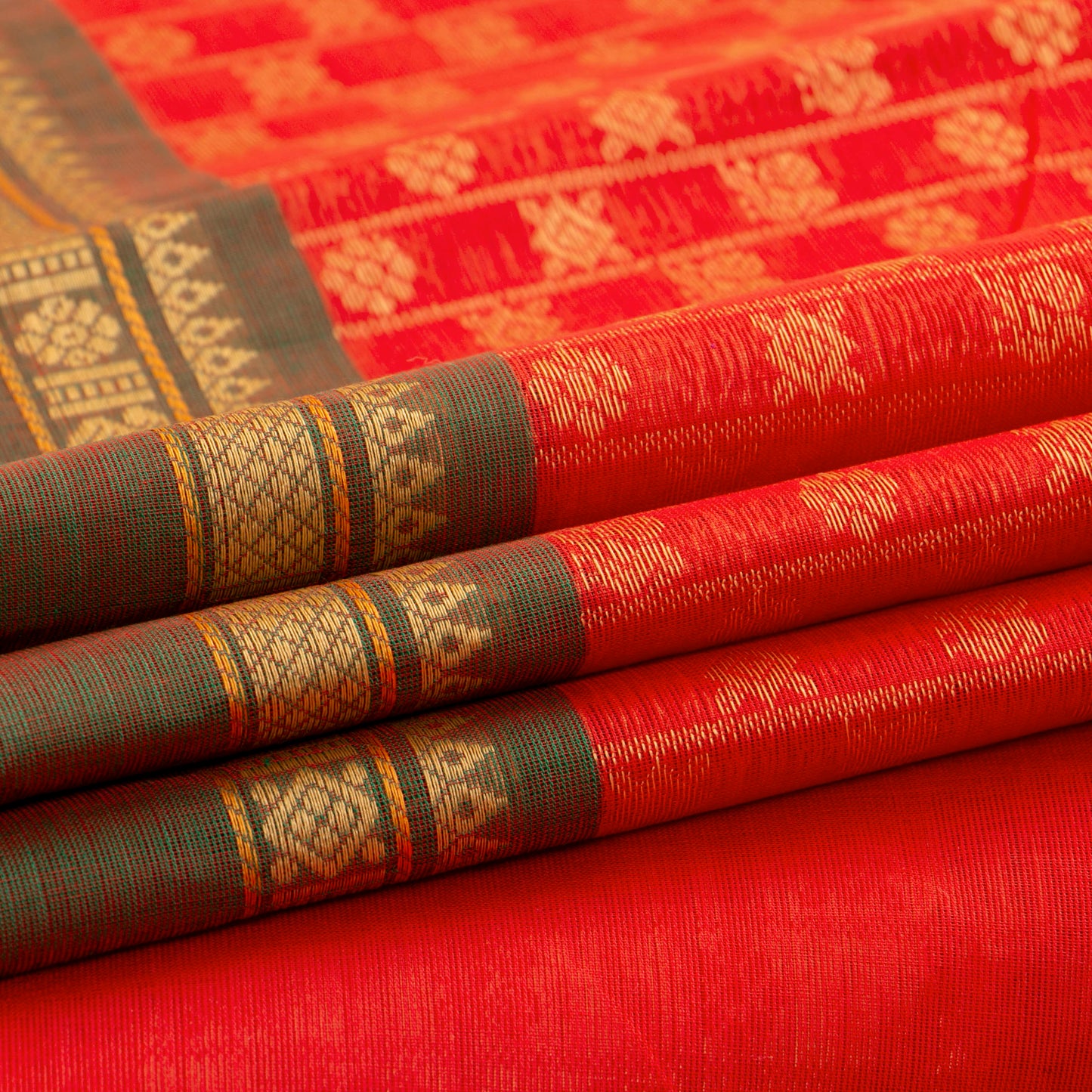 Red And Green Kanchi Cotton Saree With Zari Border For Office Wear PV MM KC 660