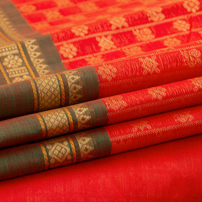 Red And Green Kanchi Cotton Saree With Zari Border For Office Wear PV MM KC 660